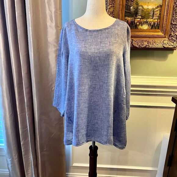 $268 EUC Hinson Wu Blue 100% Linen Tunic Style Top Blouse Back Buttons Size 10 - Picture 2 of 4